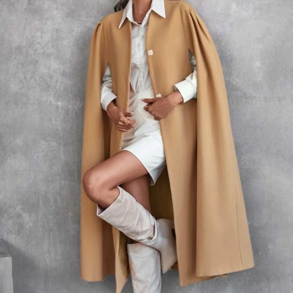 Contemporary Chic Tan Belted Long Cape Overcoat Jacket - Picture 5 of 7